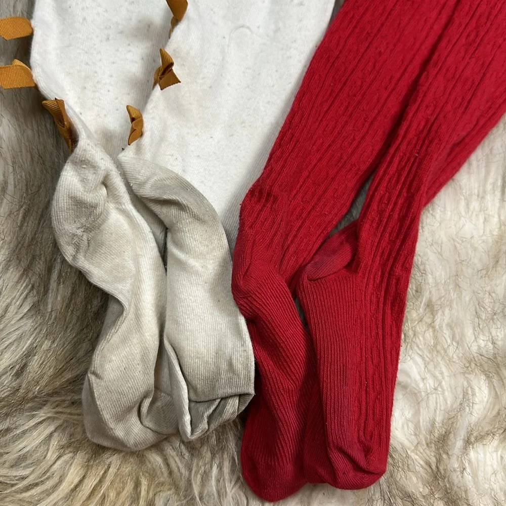 Size 4-5 Janie and Jack Red and White Tights with Bow detail Set